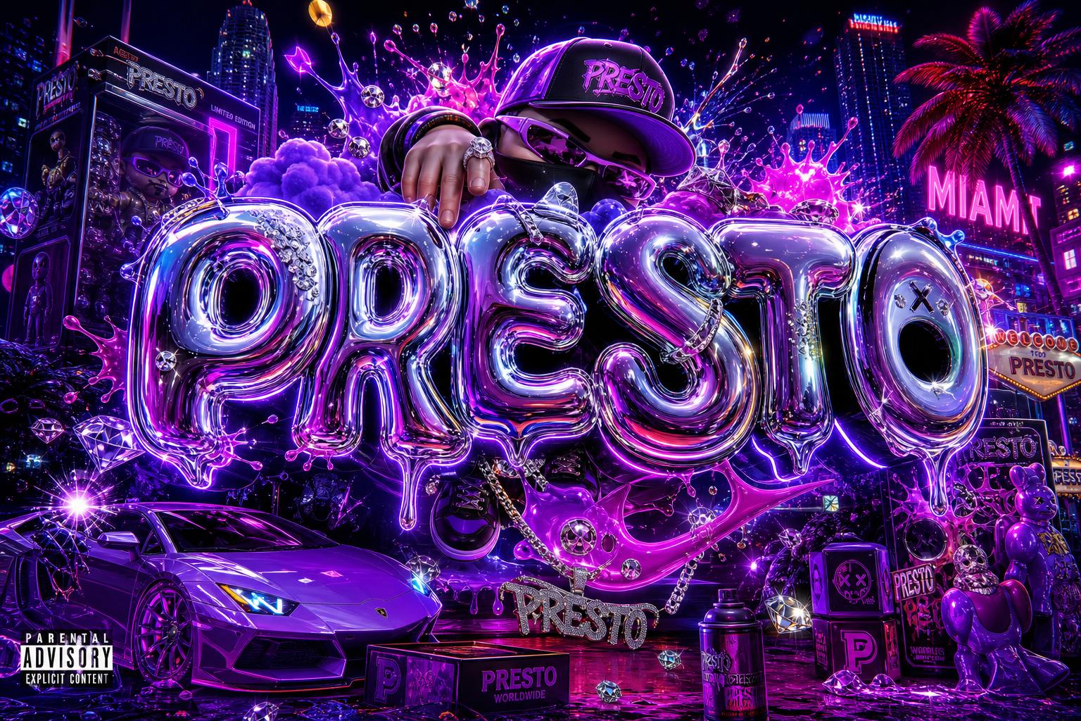 PRESTO chrome bubble logo in Miami nightlife